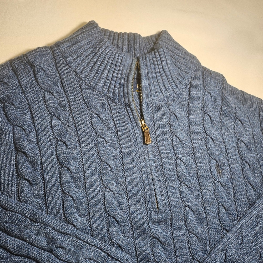Polo Ralph Lauren Men XXL Blue Cable Knit Quarter Zip Cotton Sweater Pullover